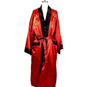 Elegant Red & Black Reversible Satin Robe with Embroidered Accents